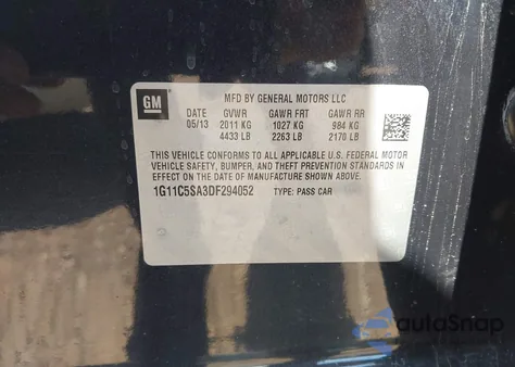 2013 Chevrolet Malibu 1Lt из США, поврежденный, VIN 1G11C5SA3DF294052